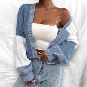 Women’s Color Block Knit Cardigan Sweater – Blue & White